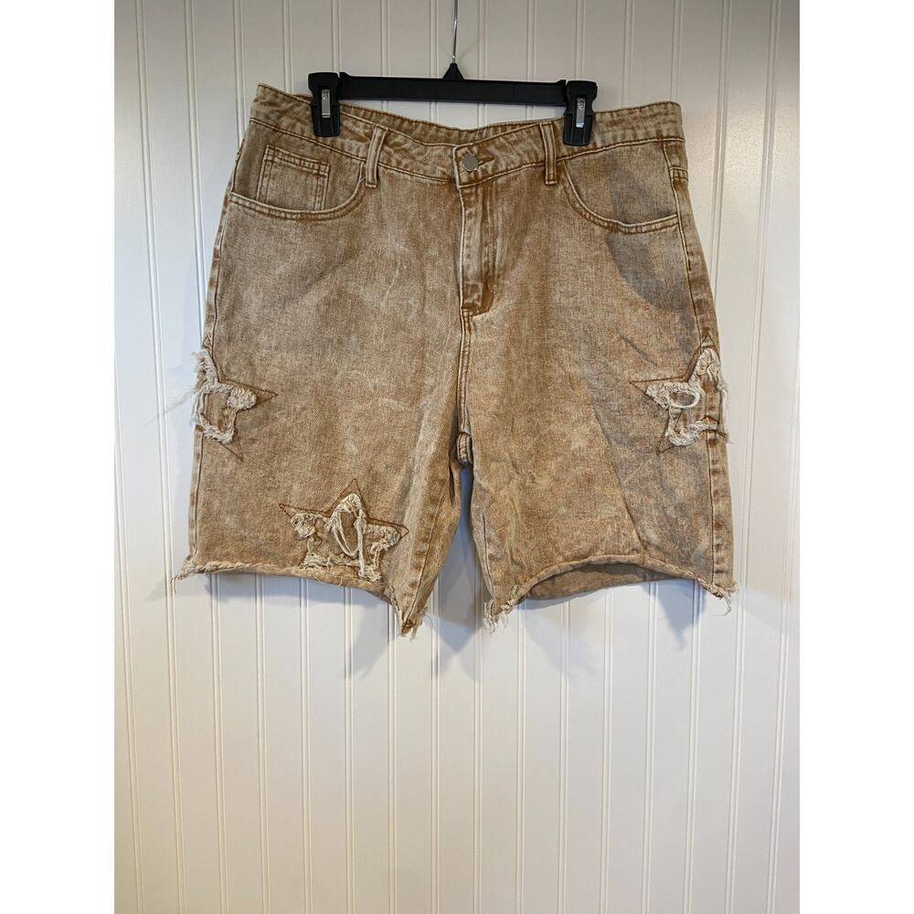 Manfinity Shorts Men's XL Brown Distressed Star Cut Outs, Y2K, Skater
